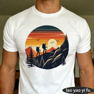 [Local Stock] HBESTY  Double Hiker Sunset Crest Graphic T Shirt Men Tee Adventure Partner Print Top Summer Couple Hiking Casual Streetwear T Shirt
