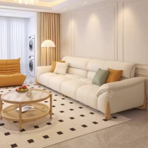 Sofa Simple Technology Fabric Sofa Cat Claw Leather Solid Wood Beige Style Small Apartment Living Room Straight Row