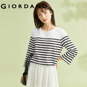 GIORDANO Women T-Shirts 3/4 Sleeve Contrast Color Stripes Fashion Tee Crewneck Comfy 100% Cotton Relaxed Casual Tshirts 13323301