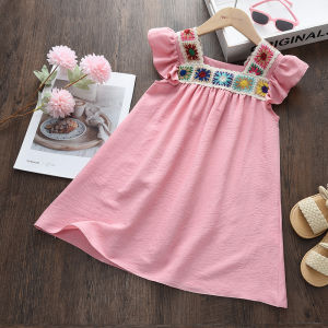 Bear Leader Korean Version Flying Sleeves Flower Embroidered Princess Dress Plain Summer Knitted Pathwork Girls Clothes Solid Color Sweet Kids Wear 3 to 7 Years