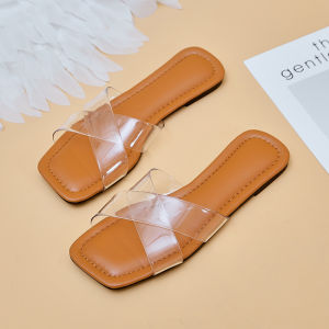 [Free Shipping] Plus-Size Transparent Slippers For Women New Summer Style Flat-Soled Square-Toe With A Single-Strap Design Suitable For Wearing Outdoors Roman-Style Sandals