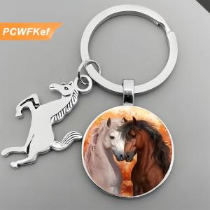 【PCWFKef】 Động vật chạy ngựa Keychain tinh tế steed mô hình thủy tinh Cabochon Keychain của nam giới quyến rũ Keyring Quà Tặng