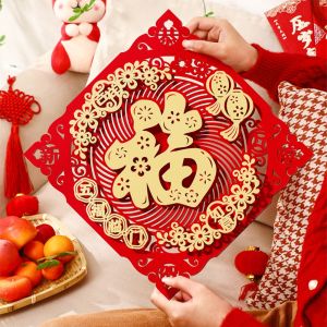 okdeals01 cny decoration 2026 新年装饰品摆件 3D Fu Character Door Sticker Flocking Hollow Design Window Paper-cuts Scene Atmosphere Decoration Thickened Spring Festival Couplet Wall