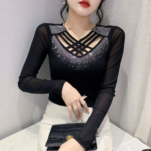 YIMEI เสื้อยืดกากบาทตัดเพชรยอดนิยมสำหรับผู้หญิงเสื้อตาข่ายมาใหม่เสื้ออเนกประสงค์แขนยาวสีม่วงสำหรับฤดูใบไม้ร่วงสำหรับ2023