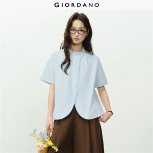 Giordano Women Ruffle mandarin collar short sleeve shirt Free Shipping 18346219
