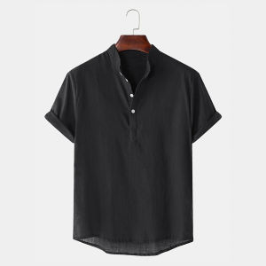American Cotton Linen Stand Collar T-shirt Simple Fashion Breathable Fast drying Polo Shirt Solid Color Tops