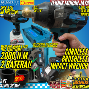 ORANGE LIPPRO Cordless Impact Wrench 2000 NM 2 Baterai Alat Buka Baut Fuso Hino Tronton Giga 3000 NM Mollar CIW 21500