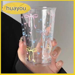 huayou Bow Cute Water Cup Cartoon Bow Cup Striped Cute Doodle Coffee Mug Household Fruit Tea Lemonade Girls Gift