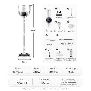 Simplus Cordless Vaccum Cleaner | 30kPa | 60mins Runtime | 5 Attachments | LED Touch | Foldable | Penyedut Habuk XCQH020