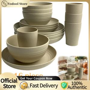 【24Hours Shipped】16Pcs Wheat Straw Cutlery Set Unbreakable Eco-Friendly Dinnerware for Home Camping and Outdoor Activities
