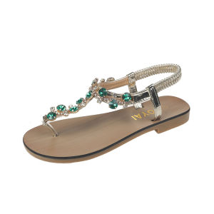 Free Shipping In-Stock Round-Toe Breathable Flat-Soled Adhesive Shoes 2026 Summer New Collection Elastic Band Toe-Post Sandals With Rhinestones For Women