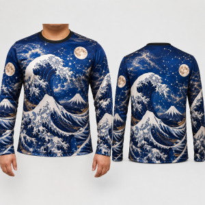 Mens Plus Size Japanese Wave Graphic Long Sleeve Motorcycle Rider Jersey Quick Dry Crew Neck Top LA011