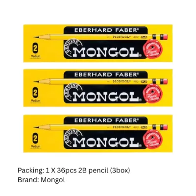 36pcs/3box Mongol Pencil No. 2(Medium) Mongol Fine Pencil Point with Soft Eraser
