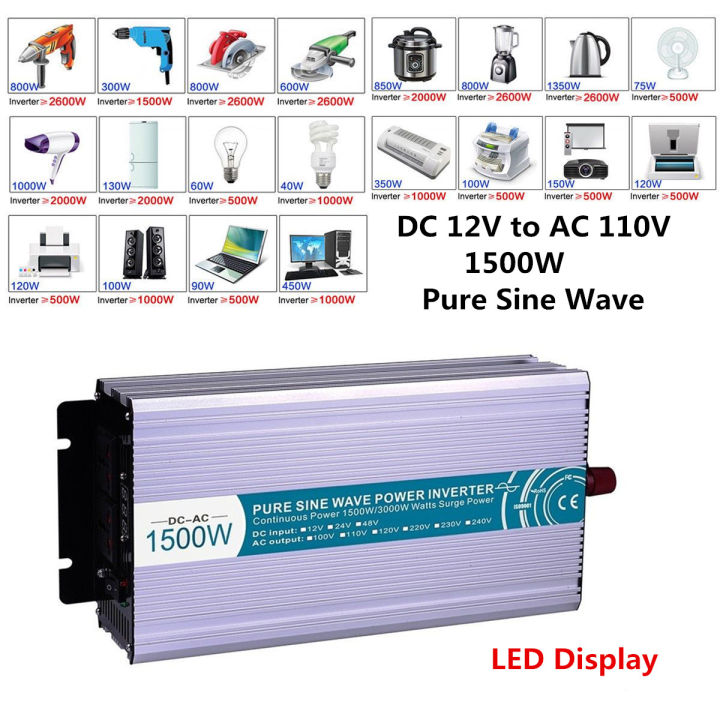 1500W Pure Sine Wave Inverter DC 12V to AC 110V Power Converter with ...