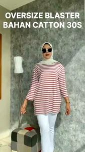 kaos salur polos atasan wanita lengan panjang / baju atasan polos strip wanita