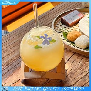 [COD] Cocktail Glass Cup With Wood Stand Creative Bar Glassware Drink Cup Ronud Ball Cocktail Mug Fruit Moon Juice Tumbler