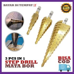 3 IN 1 SET Mata Bor Step Pagoda HSS Spiral Titanium Coated / Mata Bor Set Besi Kayu Tembok / Set Alat Tukang Lubang / Mata Bor Set Besi Kayu HSS / Step Drill Titanium