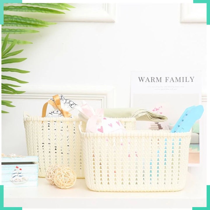 Romax Creative Plastic Rattan Desktop Storage Basket with Handle Square ...