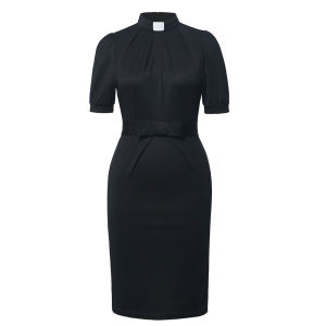 Womens Clergy Dress Short Sleeve Pencil Dress Tab Insert Collar Priest Clergy Dresses with Belts Black