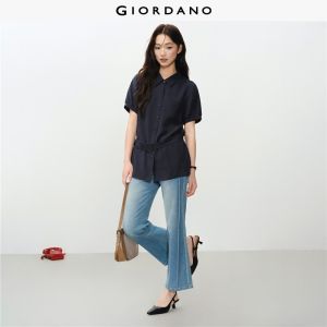 Giordano Women Lyocell belted waist short sleeve shirt Free Shipping 18346320