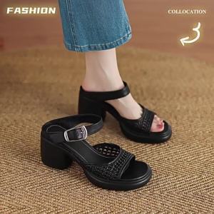 Handmade Woven High-Heel Slide Sandals For Women 2026 Summer New Style Chunky Heel Buckle Hollow Open-Toe Sandals