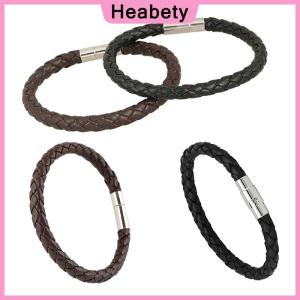 Heabety Women Men Black Leather Charm Wristband Stainless Steel Magnetic Clasp Bracelet