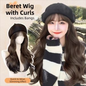 NO4 PANDA Fashionable Womens Integrated Wig Hat Layered Realistic Long Curly Hair Hat Wig Casual Hairpiece Beret Cap Wig with Bangs Outdoor