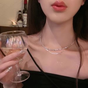 Rantai Leher Double Layer Silver Necklace Elegant Clavicle Chain Minimalist Luxury Fashion Jewelry