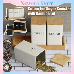 Coffee Tea Sugar Canister with Bamboo Lid Kitchen Canister Set Metal Food Storage Container Jar Tin