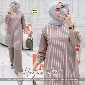 LD 110 120 130 CM XL XXL XXXL Heyun Set Jumbo Setelan Long Tunik Motif Salur Bahan KNIT PREMIUM One Set Wanita Terbaru