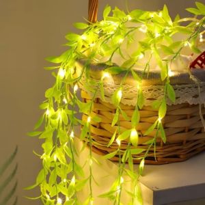 METALIX Always on Willow Leaf String Lights 2/5M 20Light Battery Box Imitation Green Leafy Fashion Desktop Decoration Fake Plants Vine