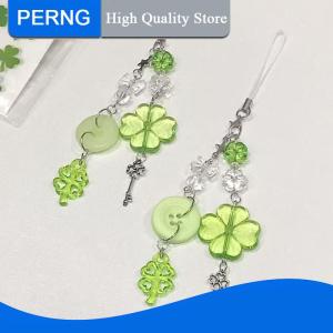 [PERNG] Tehe 1 Piece Bow Beaded Bag Pendant Green Button Lucky Four Leaf Clover Phone Chain Keychain Cute Schoolbag Camera Hangings