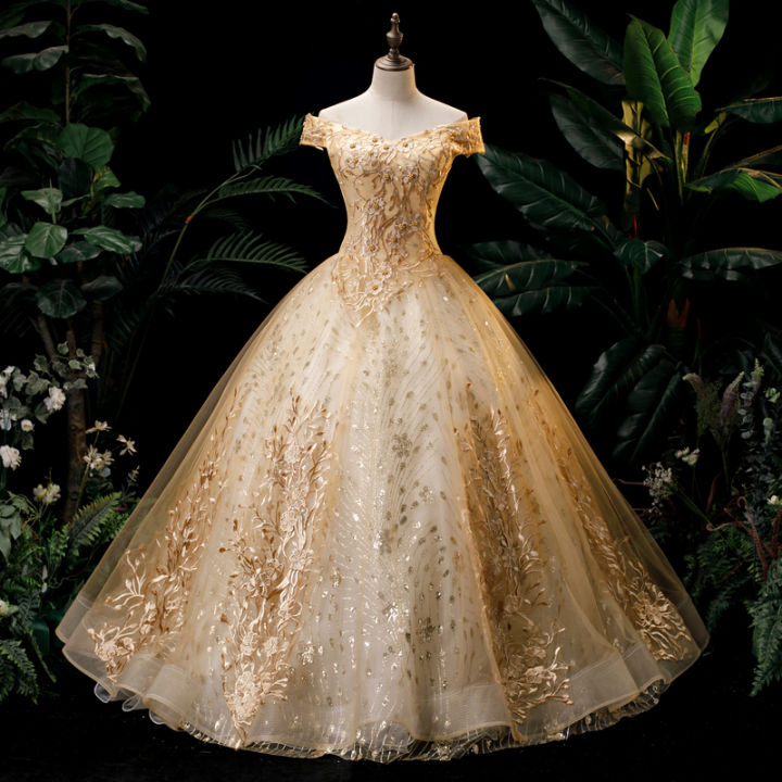 Lisa Long Satin Bridesmaid Dress in Gold | Birdy Grey