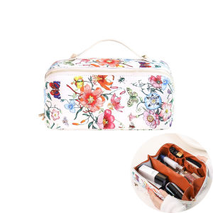 กระเป๋าเครื่องสำอางลายดอกไม้ พร้อมหูหิ้ว ความจุมาก และช่องแยกส่วนสำหรับการเดินทาง