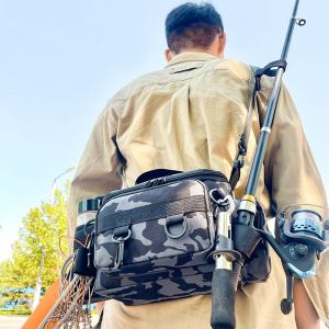 MUQZI Waist Fanny Fishing Tackle Bags Waterproof Crossbody Fishing Lure Backpack Multifunctional with Rod Holder Fishing Bags Outdoor Camping