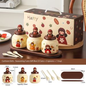 7Pcs Set Household Ceramic Seasoning Bottle Jar Seasoning Box Monosodium Glutamate Salt Sugar Storage Seasoning Jar Combination Set