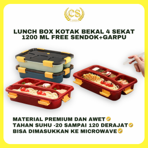 Lunch Box Kotak Bekal 4 Grid 1200 ML FREE Sendok+Garpu/Kotak Makan Siang Bersekat Food Grade