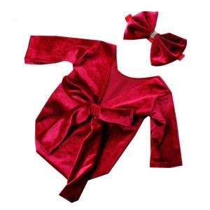 Photography Props for Baby Girls 0-2M Photo Costume Pleuche Jumpsuits Bow Hair Rope Newborn Milestones Photo Outfit 2pcs