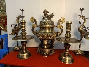 Bộ Đỉnh Thờ Lư Thờ Đồng Ngũ Sự Song Long Chầu Nguyệt cao 50cm chất liệu đồng nguyên chất