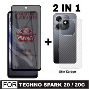 Promo Paket 2 in 1 Anti Gores Layar Ceramic Matte Tecno Spark 20 / 20C 2023 Privacy Anti Spy + Garskin Carbon Transparan