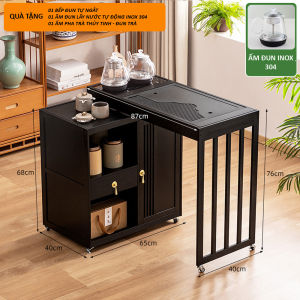 Bàn trà di động kèm bếp điện mặt bàn xoay 360 độ thông minh màu đen Bàn trà phòng khách decor đẹp Tủ trà gia đình nhỏ gọn