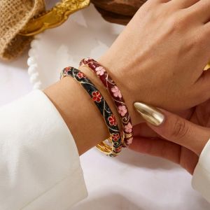 FIRST SONG Vintage Enamel Flower Bracelet Romantic Dripping Oil Red Floral Hand Cuff Bangle Bohemian Ethnic Chinese Cloisonne Bracelet for Women