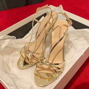 [Free Shipping] Gold high-heeled shoes for women 2025 new model thin heel summer style elegant socialite design niche open-toe sandals