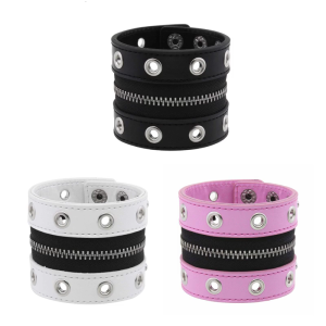 Phong Cách Punk Vòng xuyến bằng da rộng với đinh tán và dây kéo chức năng cho phụ kiện thời trang sắc nét