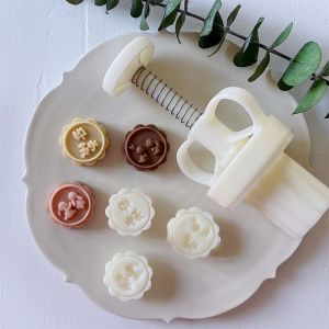 MEZCJ พลาสติกทำจากพลาสติก แม่พิมพ์ขนมไหว้พระจันทร์ รูปทรงดอกไม้ ลายกระต่ายกระต่าย ตราประทับขนมไหว้พระจันทร์ ใช้ซ้ำได้ อเนกประสงค์อเนกประสงค์ เทศกาลไหว้พระจันทร์