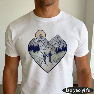 [Local Stock] HBESTY  Heart Shaped Mountain Hiking Couple Graphic T Shirt Men Romantic Nature Landscape Print Top Summer Anniversary Couple Tees