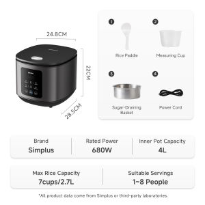 Simplus 4L Rice Cooker Low Sugar Low Carbon 6 Preset Programs 24H Reservation Non-Stick Coating DFBA008
