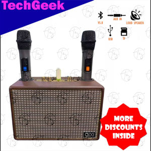 TG QIXI SK-2036 Wireless Bluetooth V5.0 Speaker Shocking Sound Wooden Design Karaoke Speaker with 2 Wireless Microphone