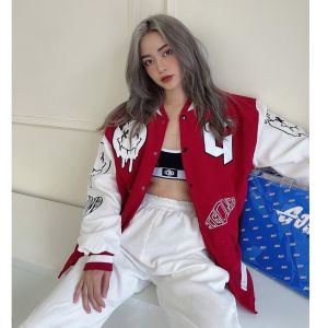 Áo khoác bomber Jacket varsity Gonz nam nữ Form rộngnhung tăm phong cách cá tính