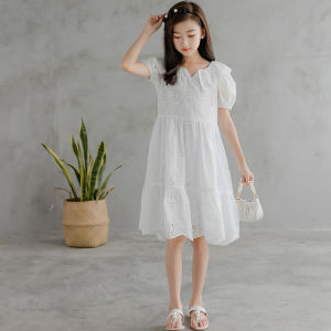 New 2024 Hollow Out Embroidery Dress Girl Summer Kids Girls Vintage Style Clothes High Quality Children Wear White School Teen Dresses With Lining Autumn Spring Dress For Girls